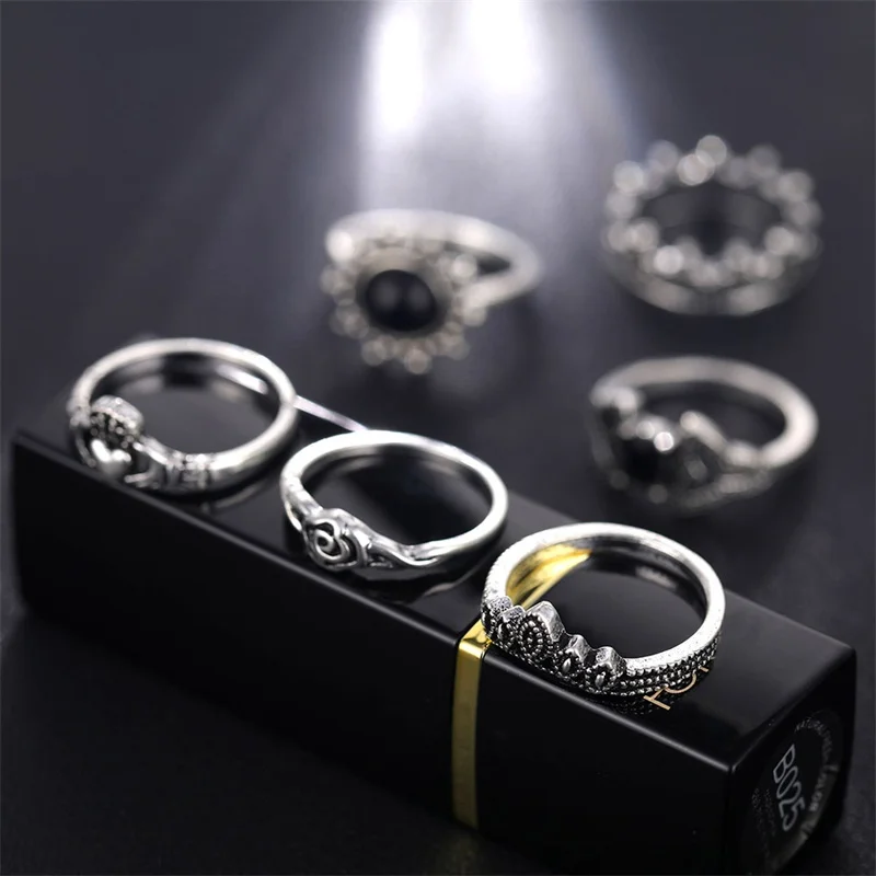 10Pc /Set Openwork Flower Elephant Crown Peach Heart Round Gem Adjustable Women Silver Color Rings Fashion Jewelry | Украшения и