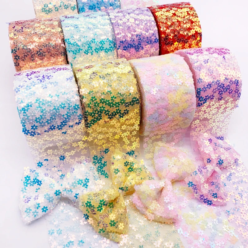 

QIBU 5y/lot 60mm Sequin Ribbon Flower Decorate Lace Silk Ribbons DIY Hairbow Accessories Party Wedding Gift Wrapping Decoration