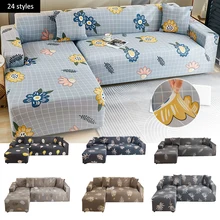 Flores xadrez cinza l forma 1 2 3 lugares chaise longue sofá capas para sala de estar elástico estiramento cobre canto sofá protetor (2)