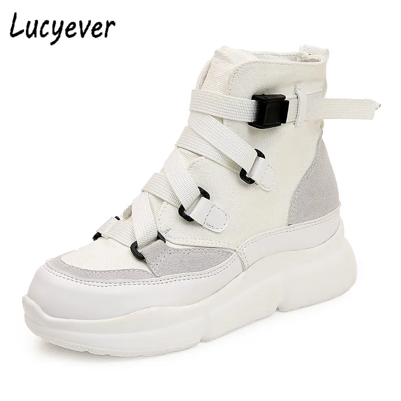 Lucyever/женские ботильоны; сезон весна-осень; парусиновая обувь на платформе с пряжкой; женские повседневные кроссовки с круглым носком на толстой подошве; Botas Mujer - Цвет: Белый