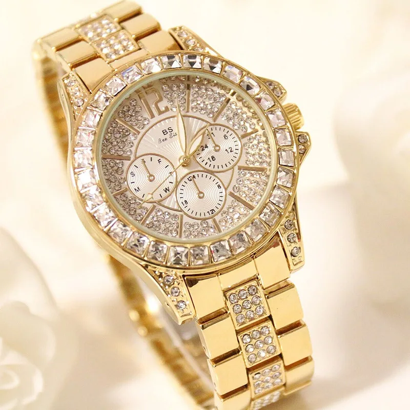 

Women's Stylish Luxury Three-eye Diamond Crystal Large Dial Waterproof Quartz Watch Woman 2020 Lux Bracelet Clasp