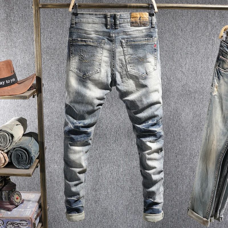European Vintage Fashion Men Jeans Retro Distressed Washed Slim Ripped Jeans Men Streetwear Designer Elastic Casual Denim Pants