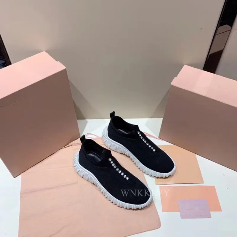 

Thick bottom casual shoes women flat round toe crystal rhinestone decor stretch sock shoes lazy loafers spring comfort sneakers