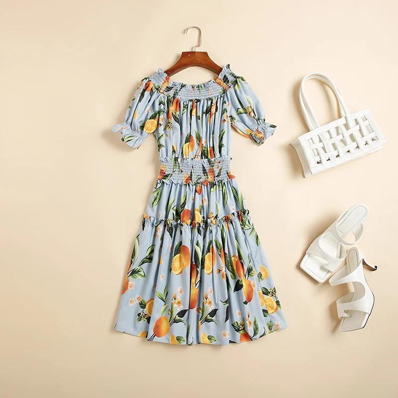 

European High Street Dresses Women's Slash Collar Off The Shoulder Blue Floral Printed Ladies New Summer Vestidos