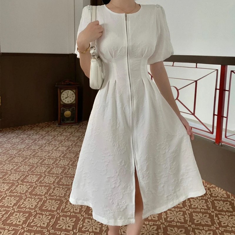 

Fashion Summer Vintage Lantern Sleeve Midi Dress Ladies Elegant Robe Casual Streetwear O-Neck Zipper White Beach Vacation Dress