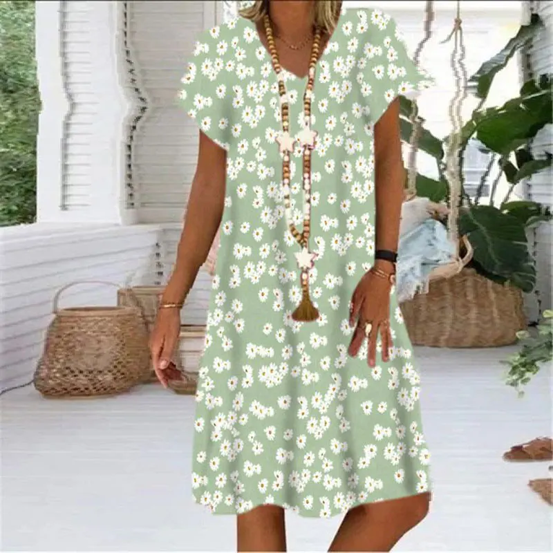 Женское летнее платье большого размера свободное с коротким рукавом и принтом
