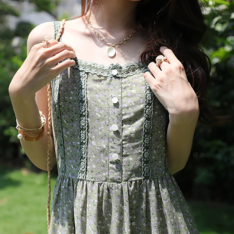 

SHENGPALAE Green Lace Floral Camis Dress Women's Summer 2021 New Slash Neck Waist Sleeveless Irregular Mid-calf Dresses Female