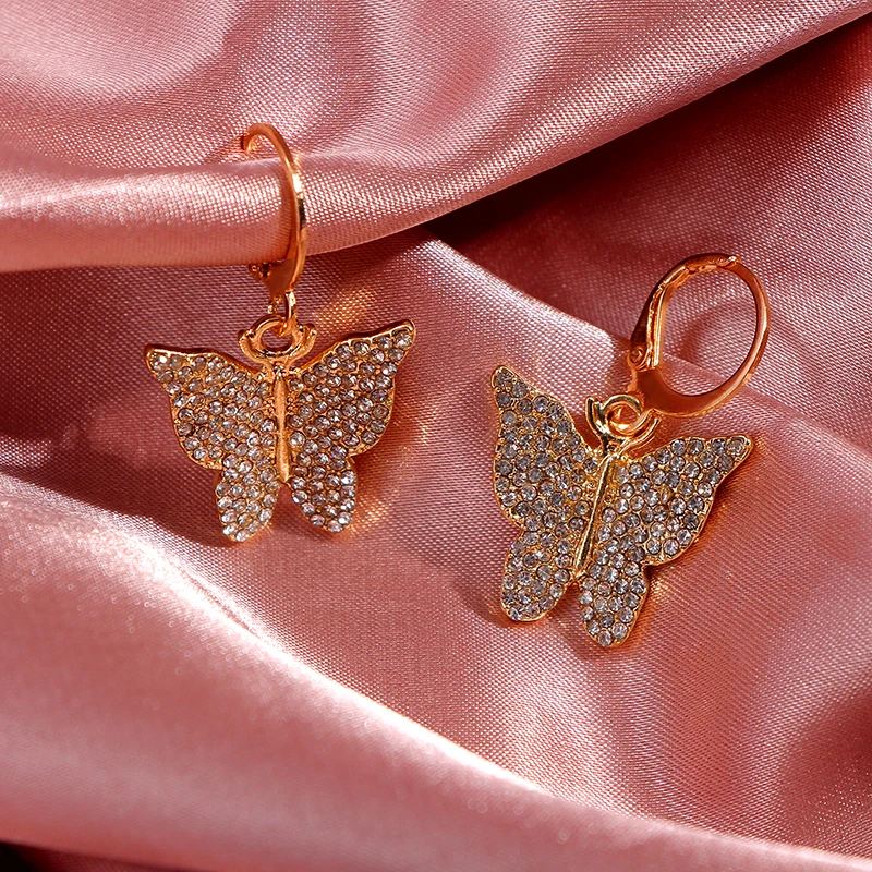 

4colors Luxury Butterfly Drop Earrings For Women Gold Color Full Rhinestone Butterfly Earrings Pendant Boho Shining Jewelry 2020
