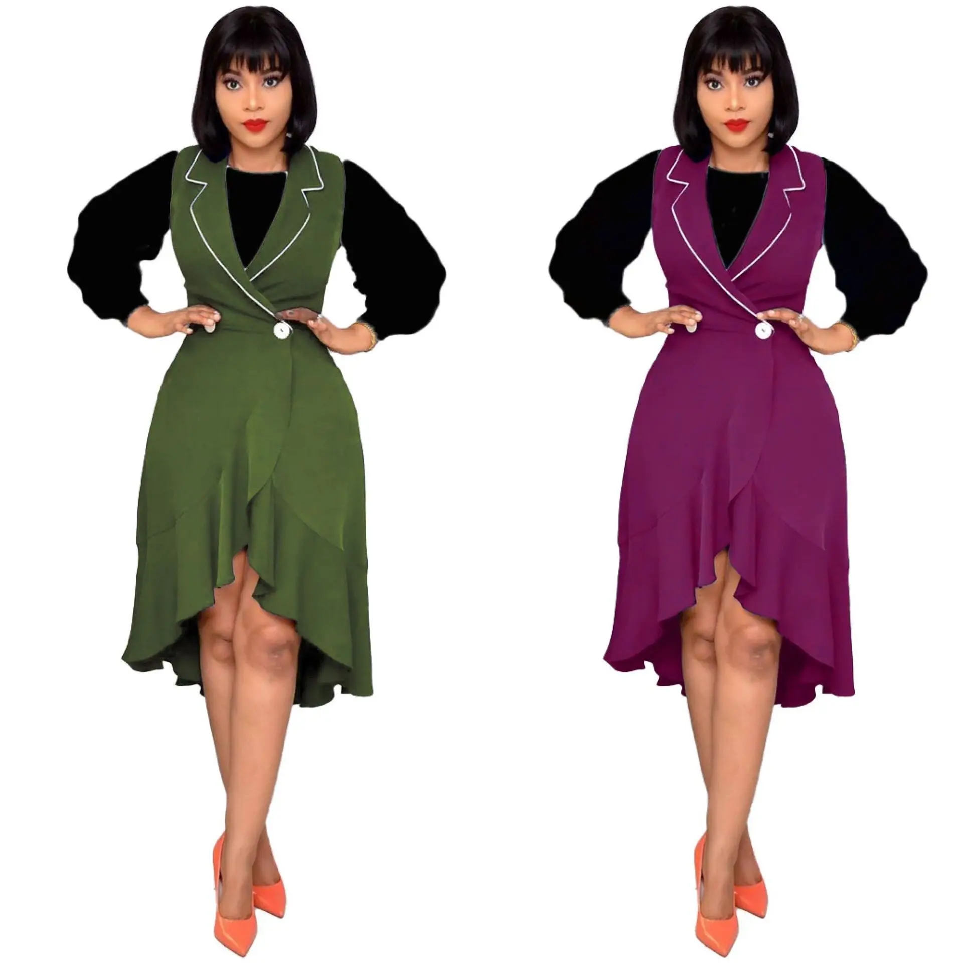 

Irregular A Line V Neck Two Piece Set Dress Women's Clothing Elegant Office Lady Fashion African Slim Autumn Spring Dress Green