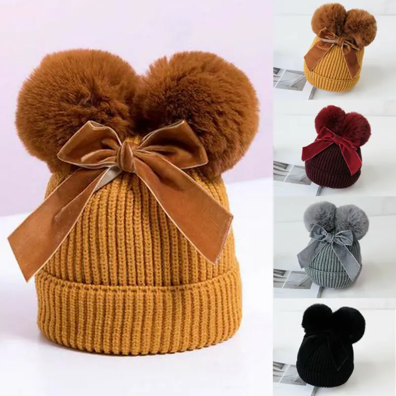 

Winter Warm Kids Baby Hats Stuff Double Pompom Hats Knitted Toddler Infant Hats Thicker Children Beanie Cap Bonnet Hats 6M-36M