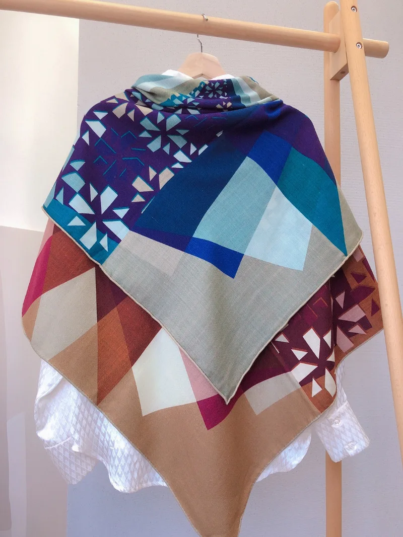 Geometric Print Women Winter Wool Scarf Shawl Cape Warm Double-sided Pattern High Quality 135*135cm
