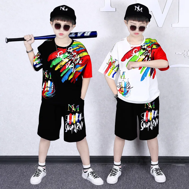 

Children's Boys Short-Sleeved Sets Printing Loose Tide Hip-Hop Two-Piece Suit Summer Kids Clothes BT57