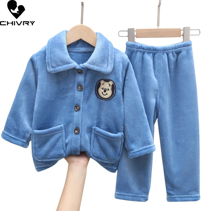 

New 2021 Kids Boys Girls Autumn Winter Soft Flannel Pajama Sets Cartoon Long Sleeve Lapel Tops with Pants Sleeping Clothing Sets