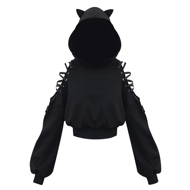 

GothGirl Harajuku Devil With Cat Ear Lace Up Short Hoodies Goth Punk Cute Street Loose Pullover Black Sweatshirt Women P