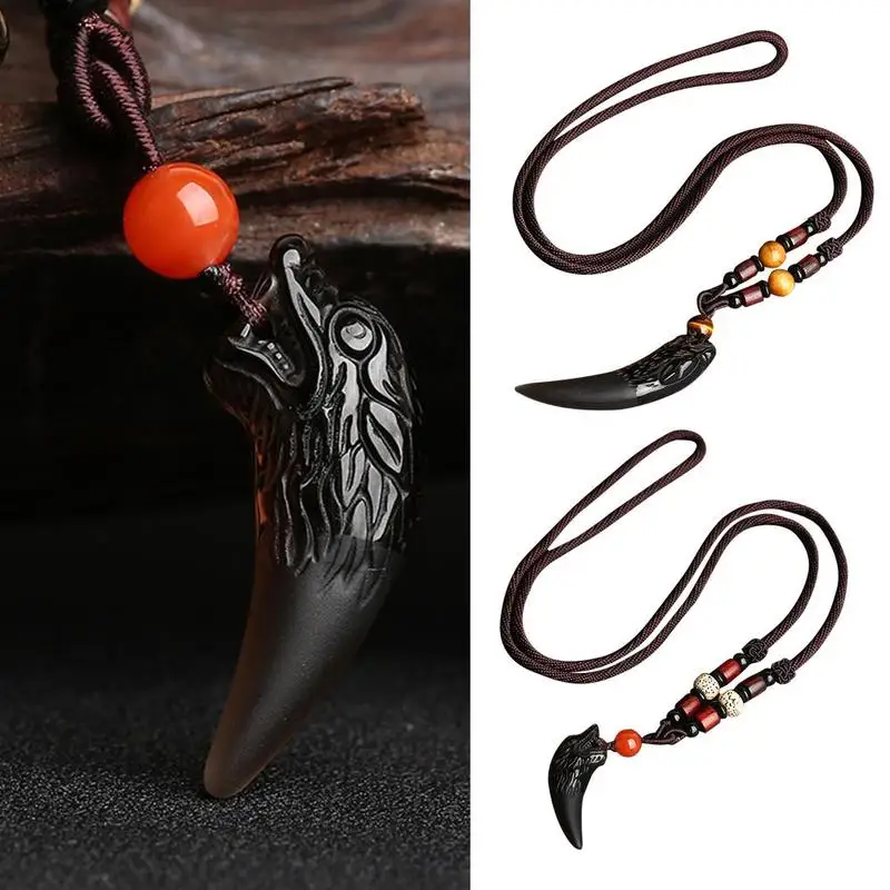 

Natural Stone Necklace Wolf Tooth Black Obsidian Pendant Necklace And CoupleFor Jewelry Women Lucky Amulets Talismans Men
