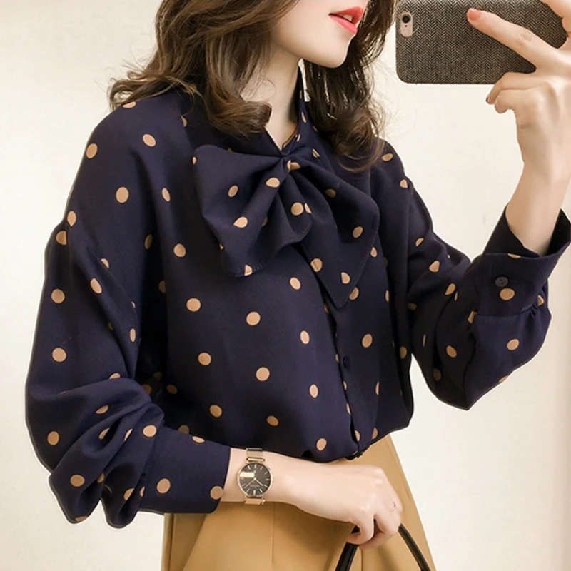 Модные женские блузки 2020 размера плюс Топы Блузки с длинным рукавом в горошек