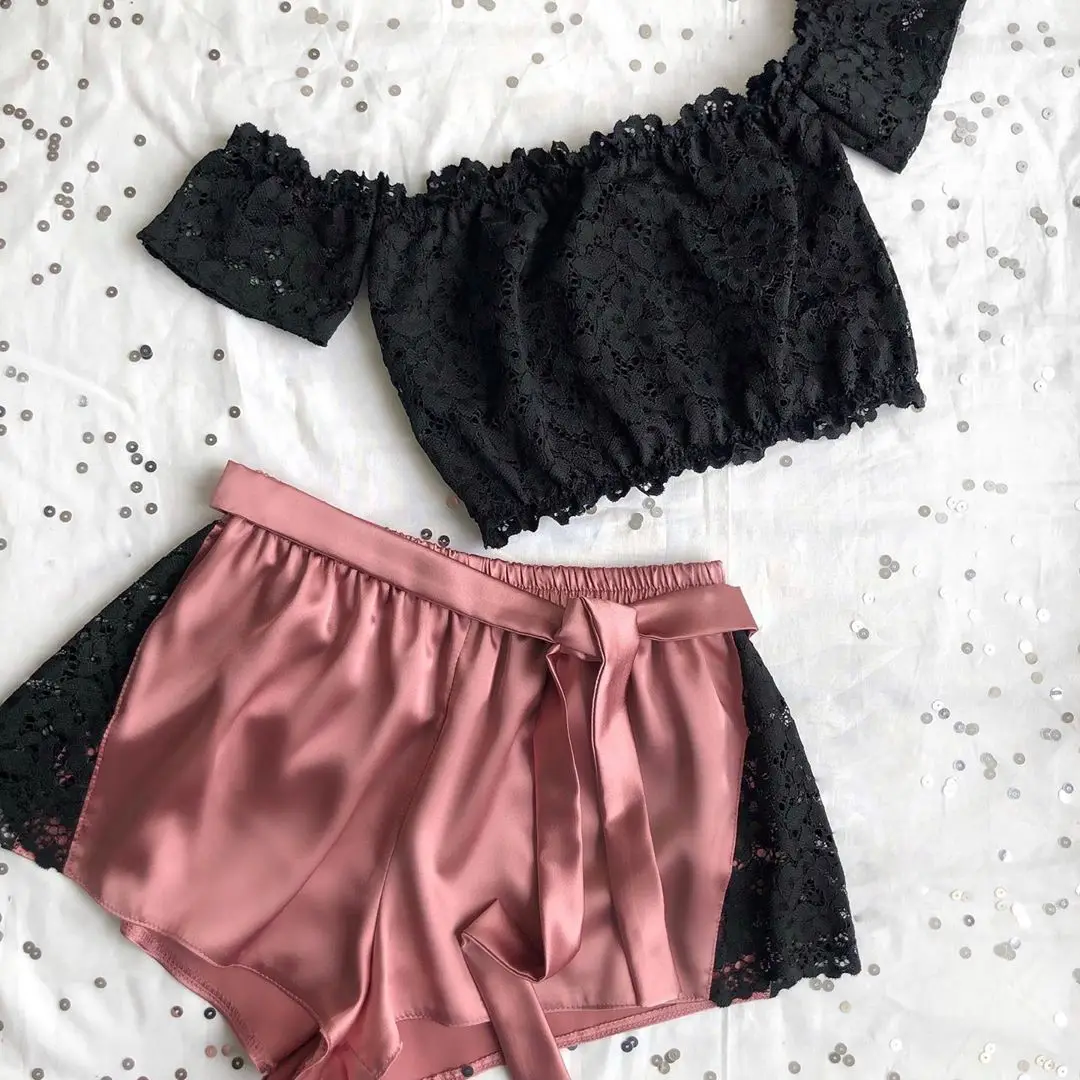 Женские атласные шелковые кружевные пижамные шорты Стринги Babydoll нижнее белье Ночная рубашка пижамы комплект из 3 предметов