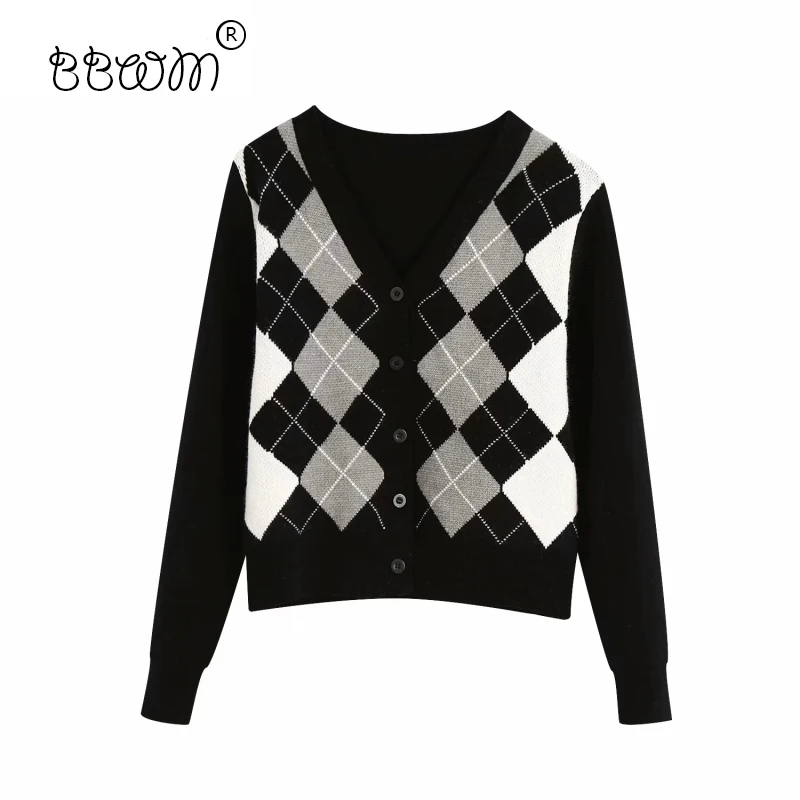 Женский однобортный Кардиган с узором ромбиками контрастный винтажный кардиган