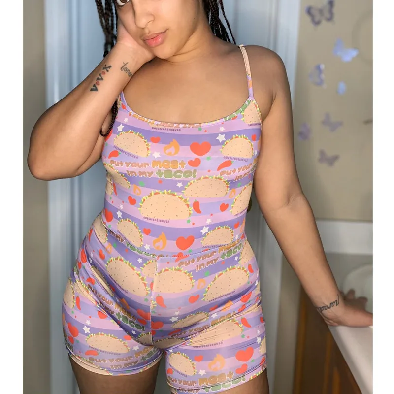 

Sexy Women Print Jumpsuit Sleeveless Strap Bodycon Playsuit Rompers 2020 Summer Hot Soft Sleepwear Homewear Leotard Jumpsuit