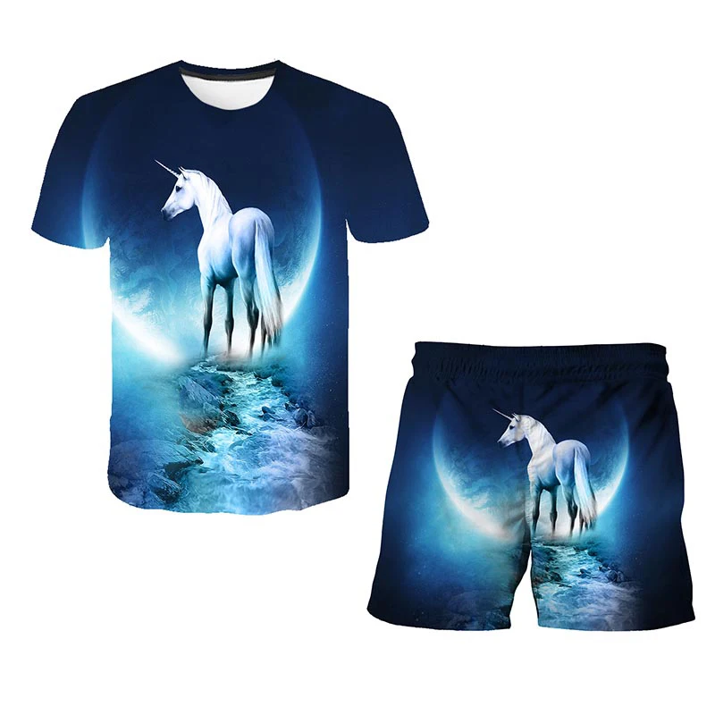 

3D Kids Fashion Unicorn Kids Suit Short T+ Pants Two-Piece Sweatshirt Suit Sportswear Boys Girls Trend Kids Short Sleeves