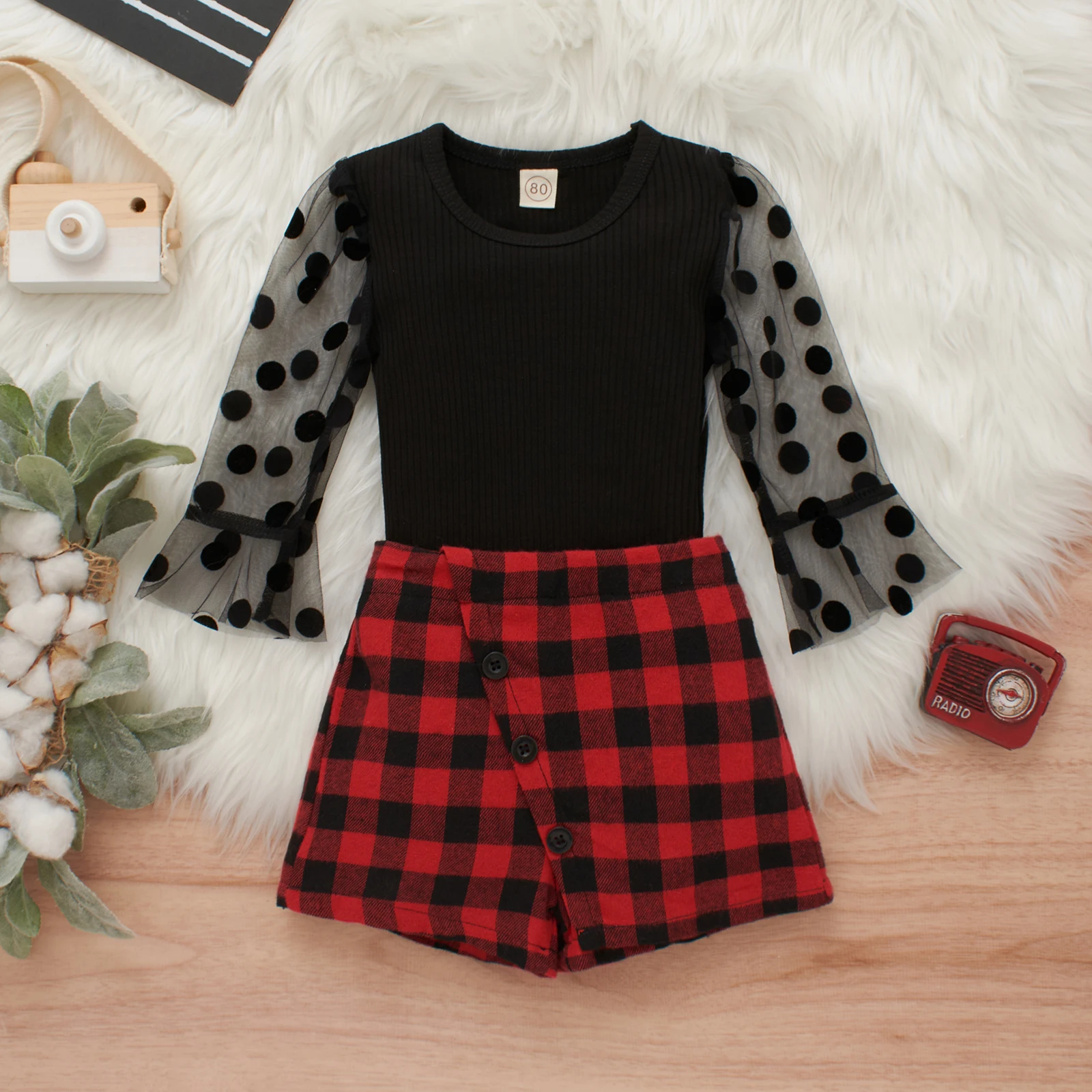 

Baby Girls 2Pcs Sweet Style Clothes Autumn Outfits Mesh Splicing Dot Long Sleeve Round Collar Knitted Tops Plaid Pantskirt Set