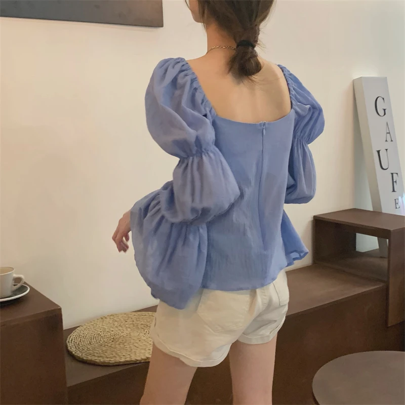 

Korejpaa Women Shirts 2021 Summer French Gentle Temperament Thin Square Collar Folds Irregular Slit Design Flared Sleeve Blouses