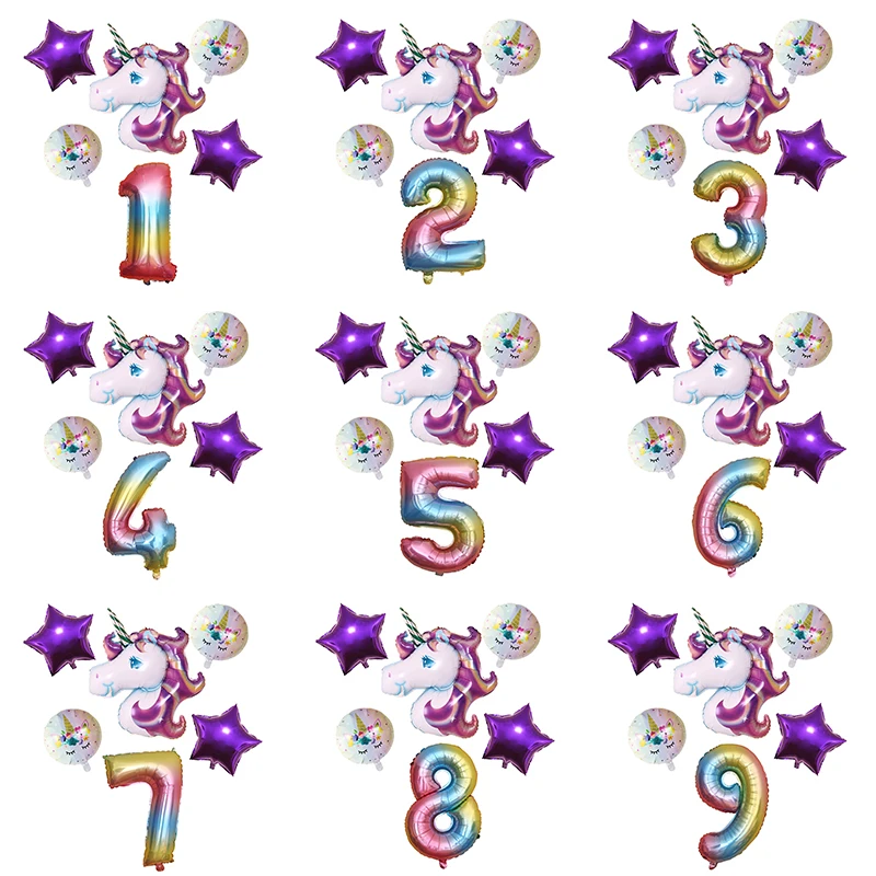 6 шт./лот Розовый Фиолетовый Радужный Единорог шар шары цифры украшения для дня