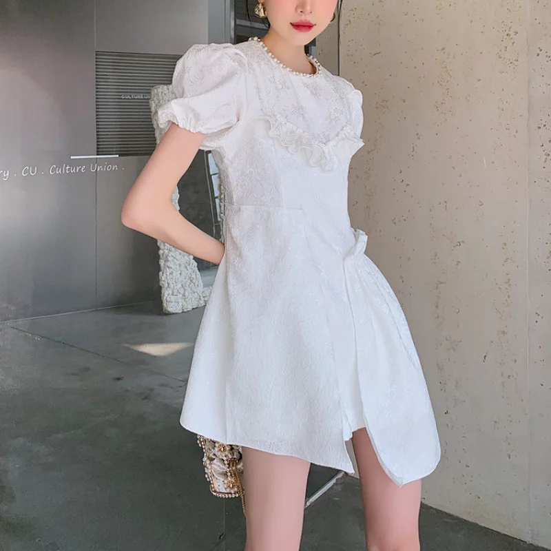 

Korean Style Chic Sweet New Fashion Dress Simple Puff Short Sleeve O Neck Slim Waist Vestido De Mujer Office Lady Dresses Summer