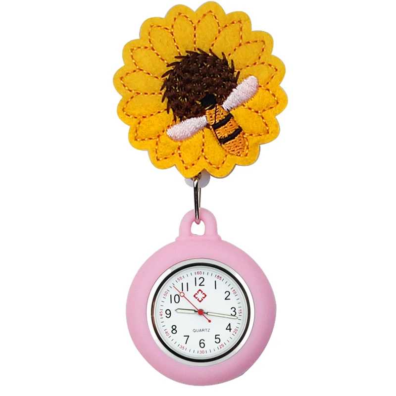 FOB Nurse Pocket Watch Sunflower Bee Lapel Digital Medical Clock  Pin Clip Jojo ID Round Reel Lanyard