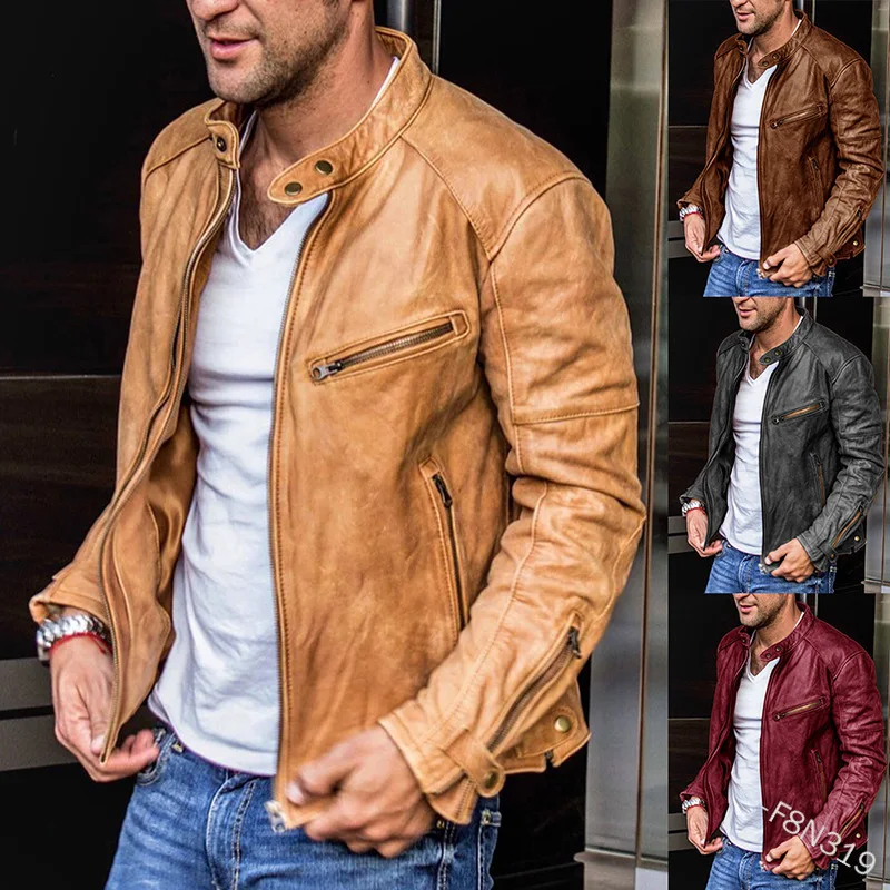 Мужские кожаные куртки 2021, однотонная куртка с воротником-стойкой, мужская приталенная куртка из искусственной кожи на молнии, новая модная...