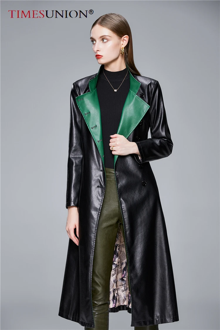 

Women Black Red Pleated Big Size Pu Leather Trench New Lapel Long Sleeve Loose Windbreaker Fashion Spring Autumn 2021
