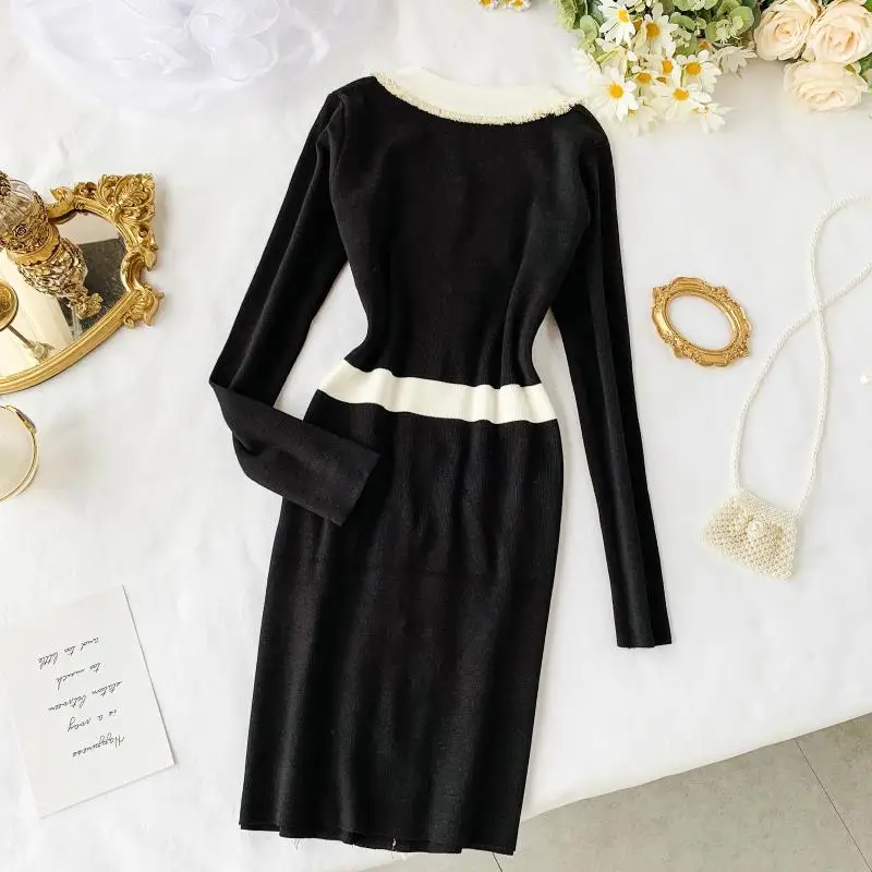 Новинка 2019 модное женское платье французское темпераментное вязаное облегающее