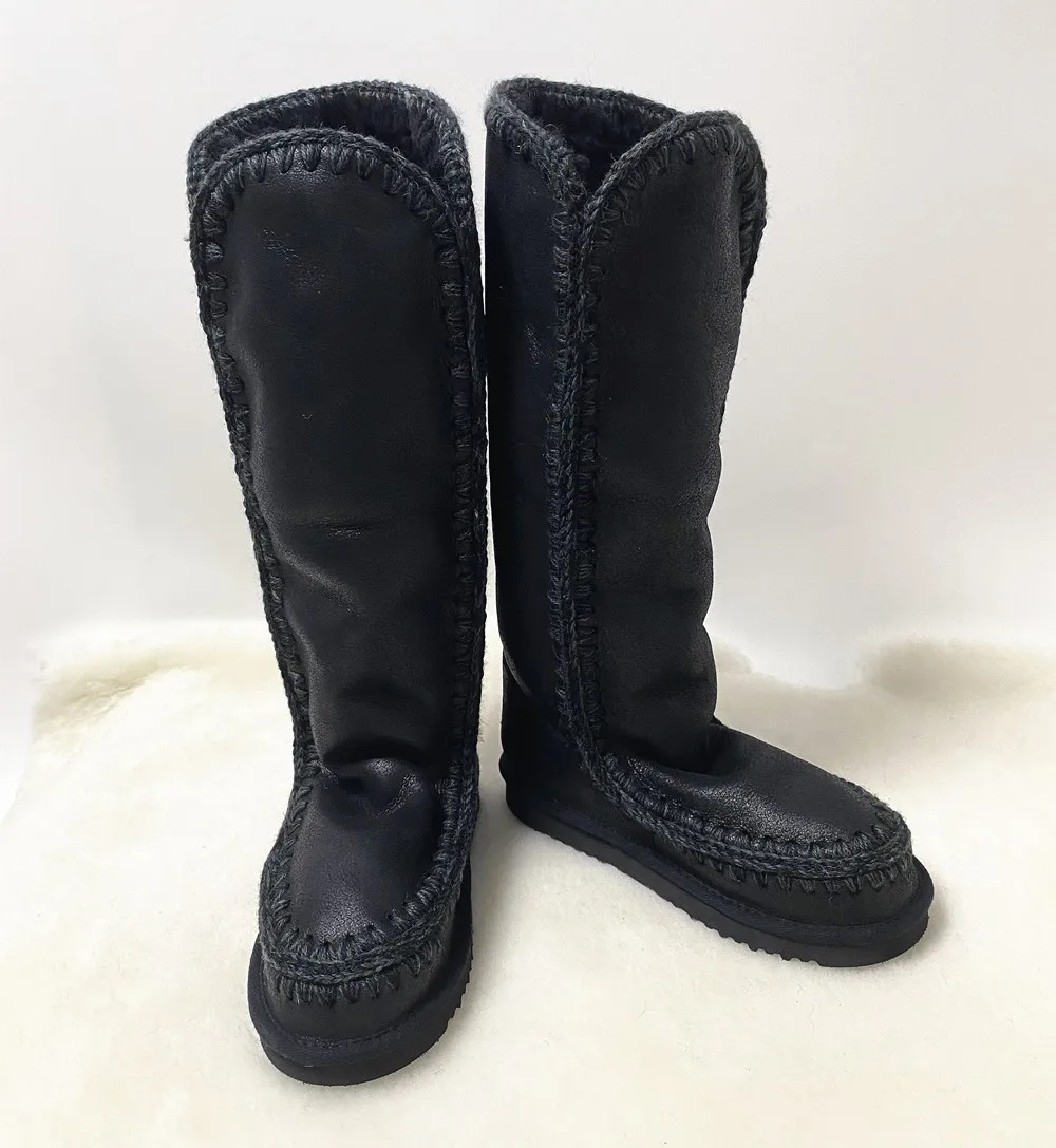 

2022 mou Eskimos 40 cm shiny women's snow boots sheepskin handmade wool woven flat ladies knee high boots