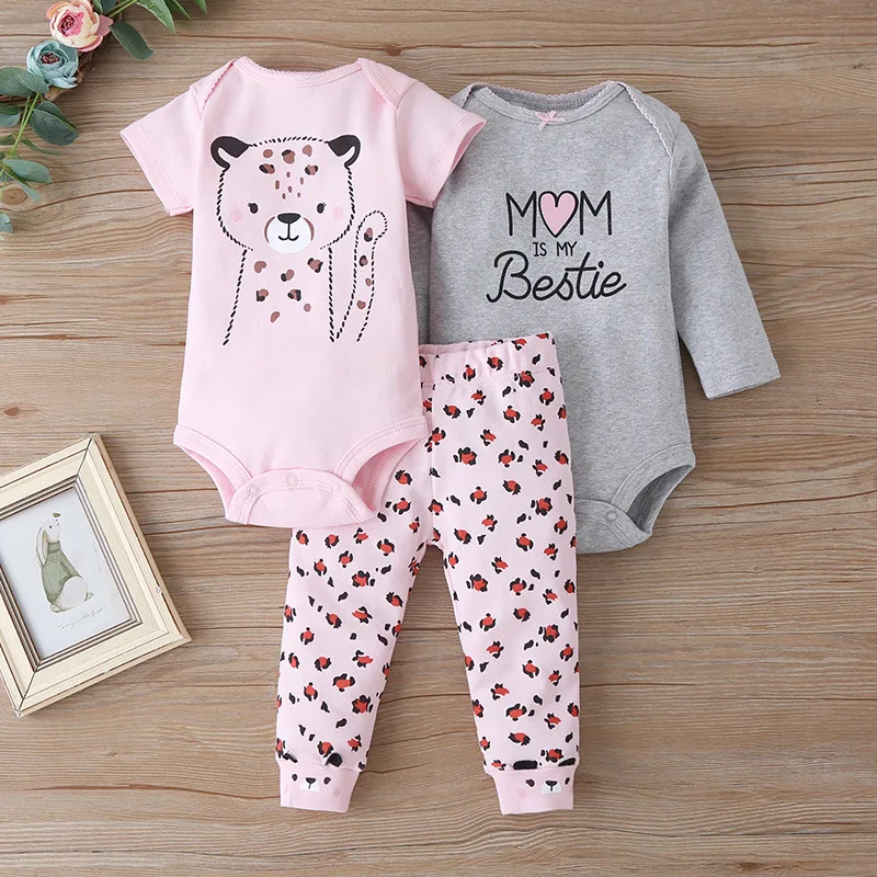 0-2 years old male and female newborn baby cartoon letter jumpsuit suit cute girl pink cat romper Long sleeve short sleeve 3PCS