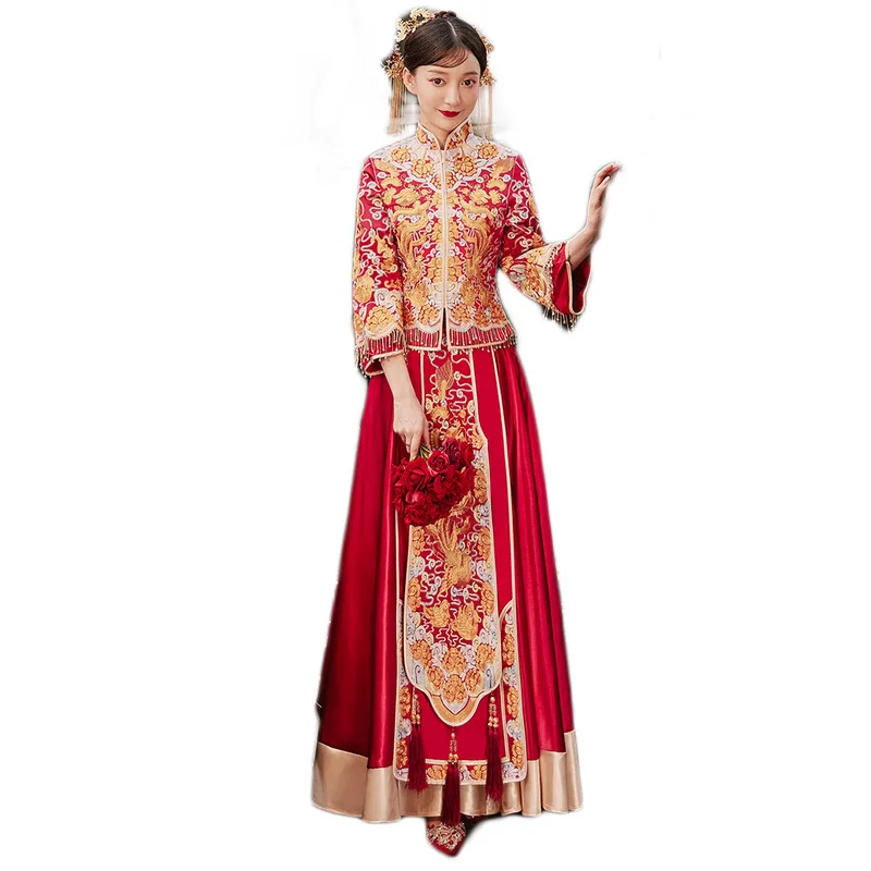 

Traditional Bride Wedding Party Chinese Style Dresses Gold Embroidery Phoenix Tang Suit Vintage Mandarin Collar Cheongsam Gown