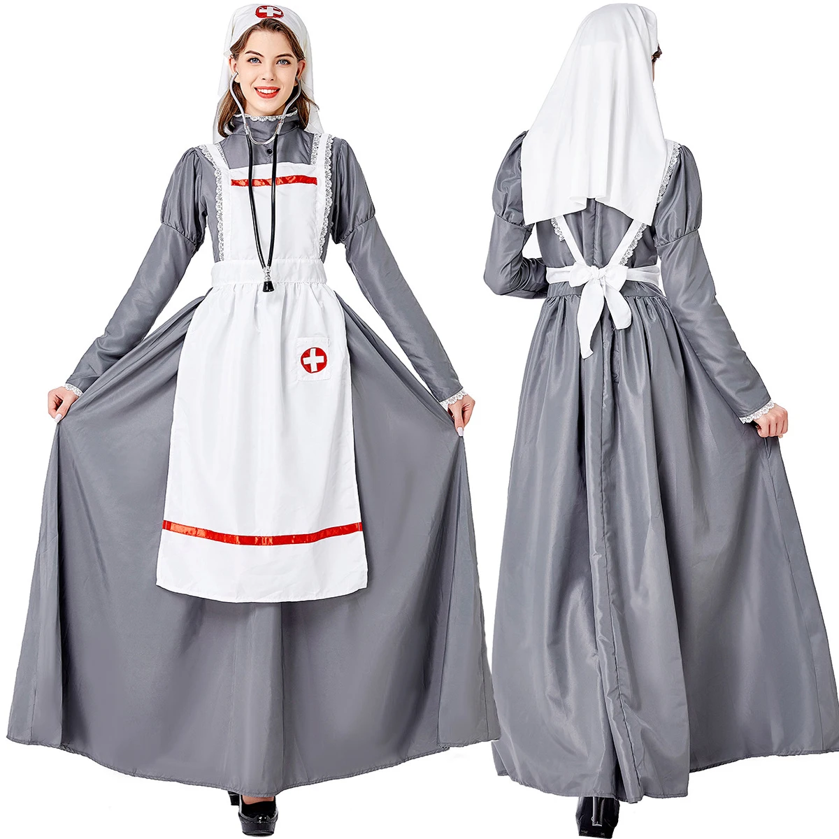

Plus Size Halloween Medieval Civil War Nurse Cosplay Costume For Women Pastoral Farm Maid Long Dress Carnival Role Fancy Outfits