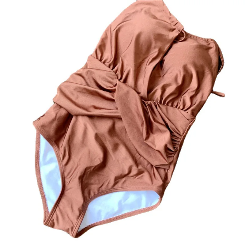

Swimsuit 1 Piece Women 2021 Summer Clothes Plus Size Bikini Suit New One Bathing Korea Ins Sexy Neck Hung Pure Color Solid