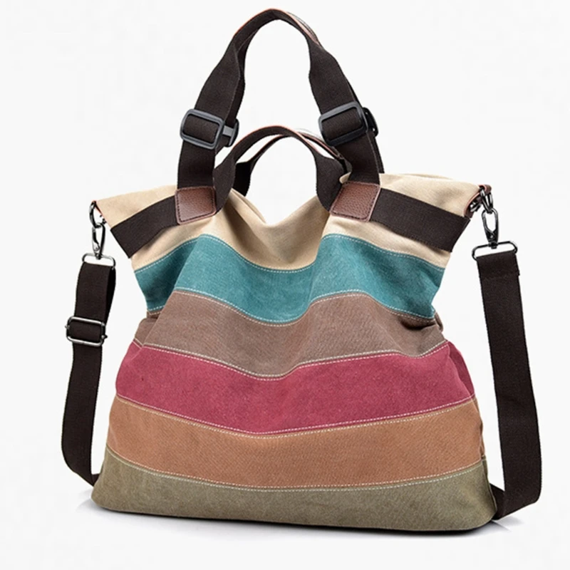 

Women Casual Large Canvas Shoulder Tote Bag Vintage Multicolor Striped Crossbody Purse Adjustable Top Handle Handbag
