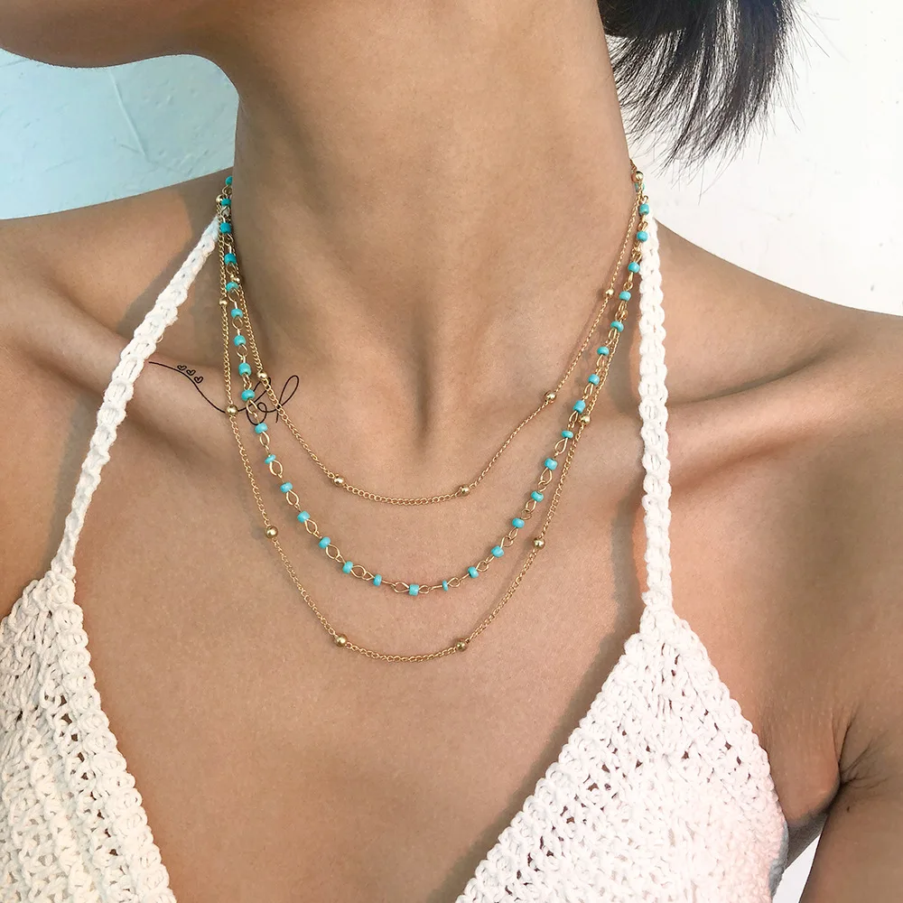 

Chokers Necklaces for Women Bohemian Green Mini Beads Multi-layer Link Chain Necklace Geometric Vintage Clavicle Charms Jewelry