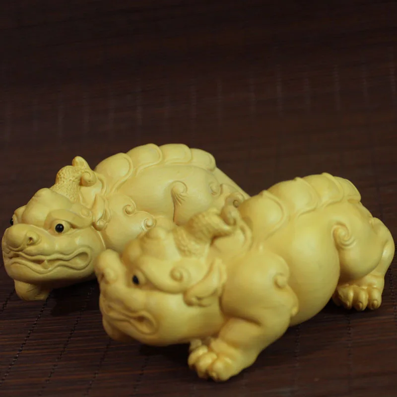 

10cm A pair Solid wood lucky pi xiu China God beast Statue, Hand-carved Lucky Ward off evil spirits Home decoration statue