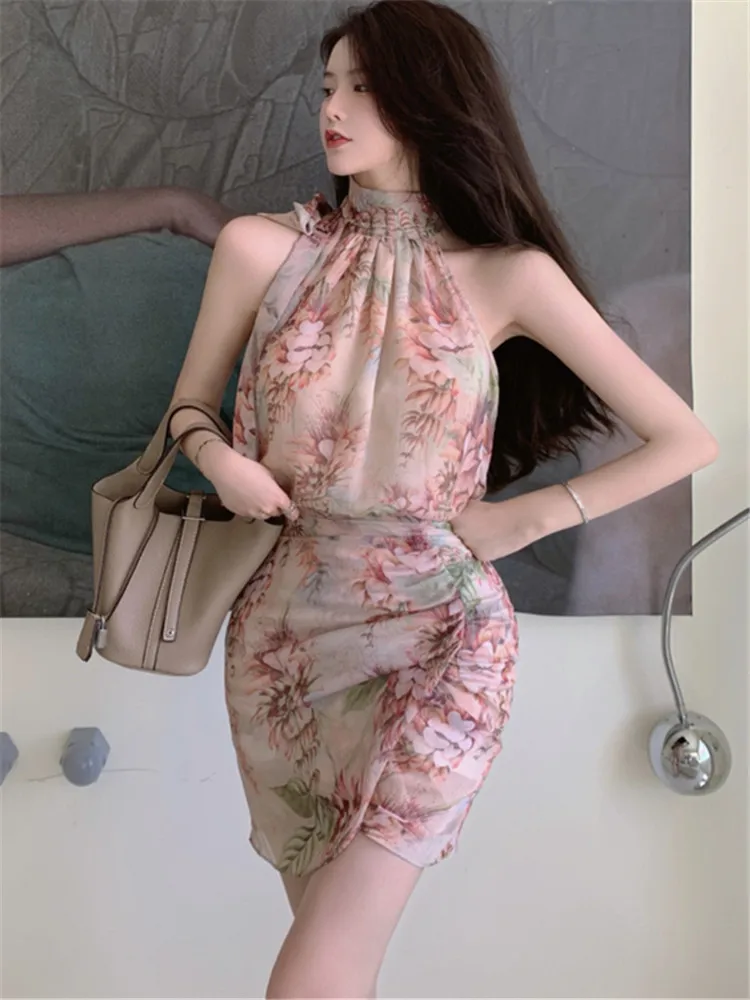 

Summer Women's Dress Chiffon Print Halter Neck Vestidos Sleeveless A-line Skirt Fashion Slim Sexy Commuter Robe Femme Dresses