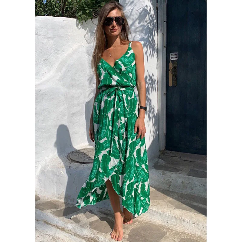 

Women Boho Leaf Print Long Maix Dress Ladies V-Neck High Waist Sleeveless Split Summer Holiday Sundress Vestido