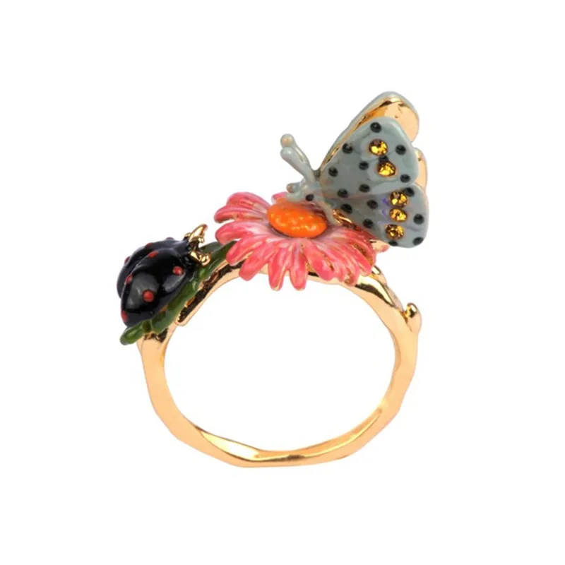 

Pink Daisy Flower Series Enamel Glazed Flower Ladybug Butterfly Necklace Earring Ring jewelry Set