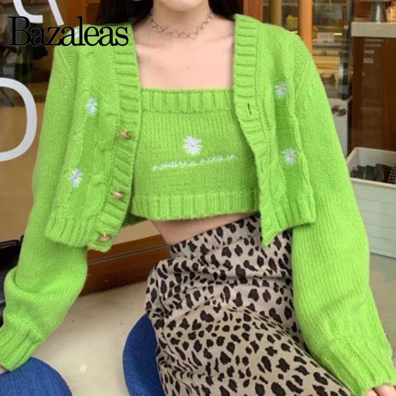 Винтажный кардиган Bazaleas с вышивкой маргариток женская уличная одежда зеленый