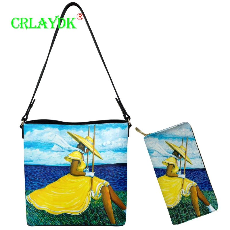 

CRLAYDK Oil Painting Girls Shoulder Bags Office Work Buckle Design Women Handbags with Purse PU Leather Large Capacity Wallet