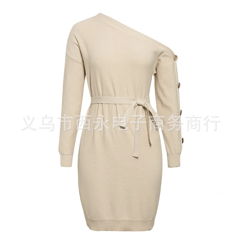 

Autumn and Winter New Knitted Dress off-Shoulder European and American Fashion Midi Dress Casual Style Hot Sale