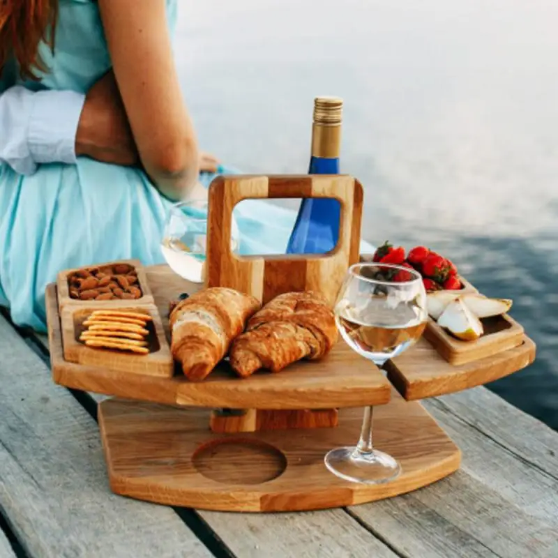 

1 шт. маленький винный столик из дуба/пикника, деревянный набор для хранения вина, вмещает бутылки, бокалы, маленькие тарелки и закуски