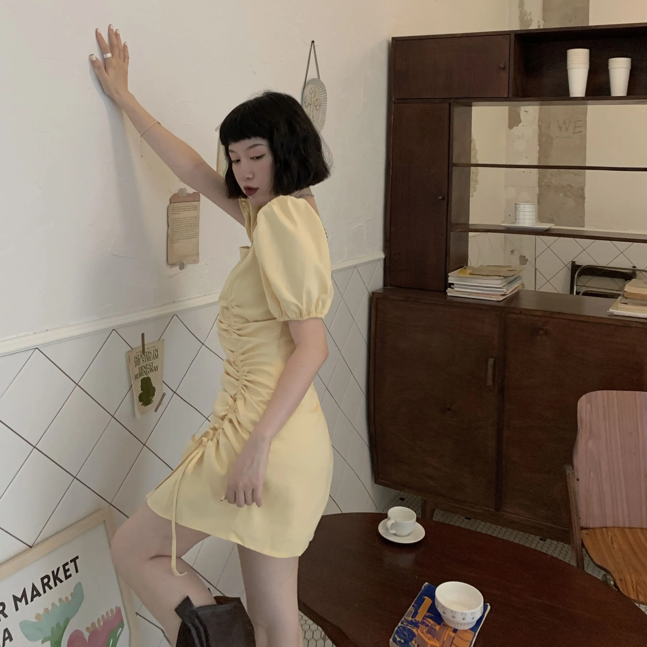 

COIGARSAM Solid Women dress Puff Sleeve Belt Square Collar Dresses Yellow White Pink 13320