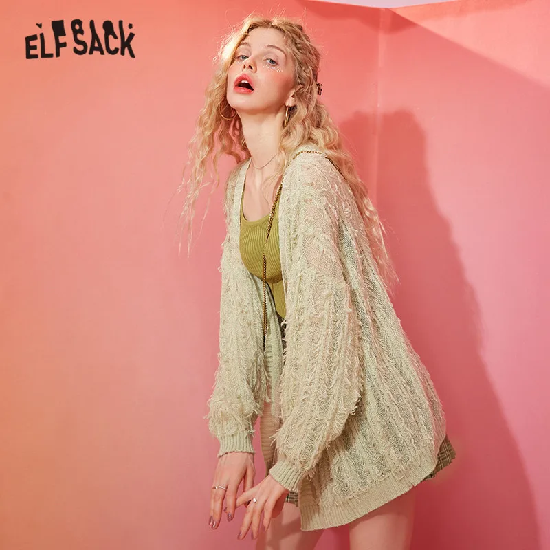Женский вязаный кардиган ELFSACK зеленый однотонный Повседневный Кардиган с