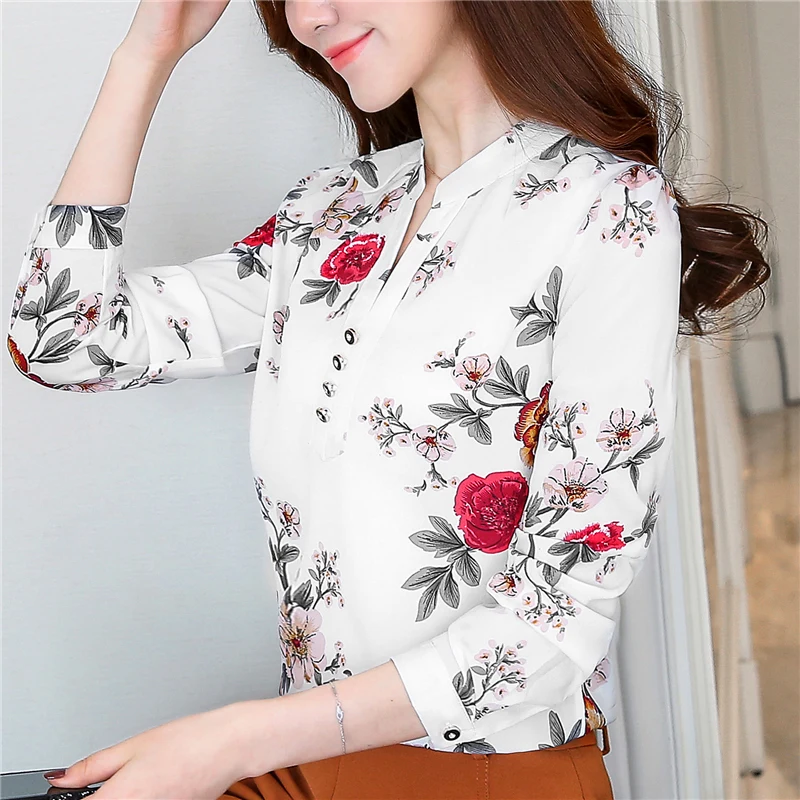 Женская шифоновая блузка с длинным рукавом и V-образным вырезом | одежда